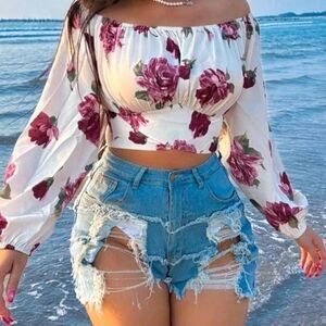 SHEIN White Off-Shoulder Crop Top with Pink Floral Print